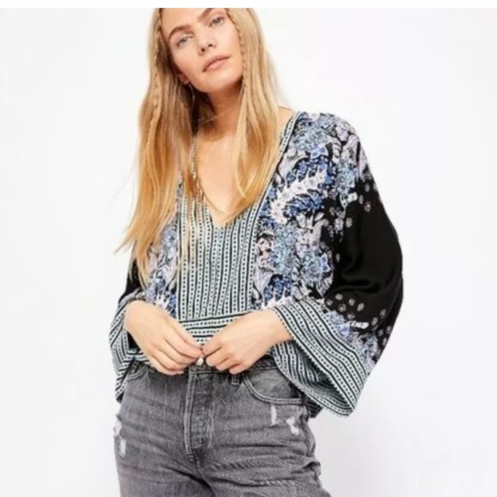 Free People Mix N Match Boho Blouse NWT Black Floral Bell Sleeve XS NWT